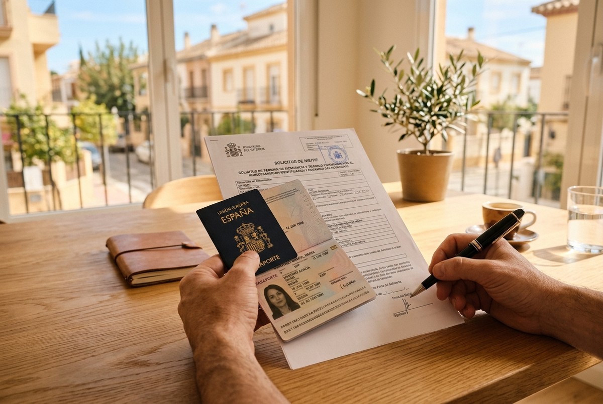 Documentación de extranjería y pasaporte sobre mesa de trabajo