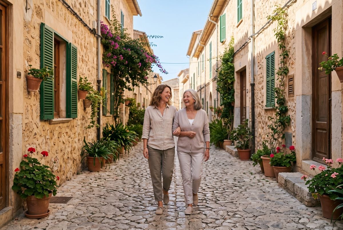 Madre e hija mayor paseando del brazo y riendo por una calle empedrada de un pueblo de Mallorca, entre casas de piedra con contraventanas verdes, macetas de geranios y buganvillas