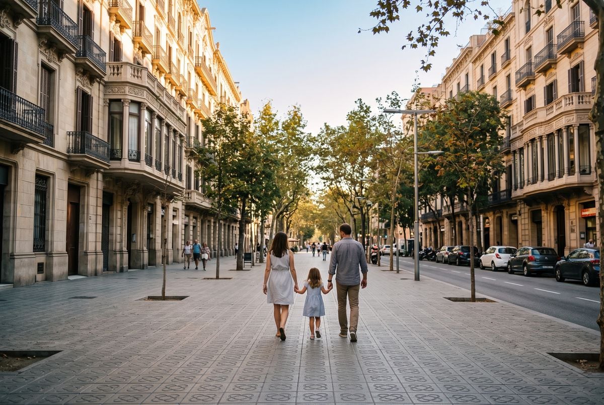 Calle del Eixample de Barcelona a la hora dorada, con fachadas modernistas de balcones de hierro forjado y una familia paseando por la acera