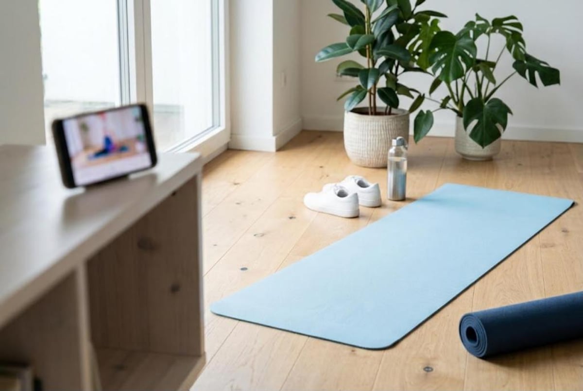 Salón luminoso con una esterilla azul en el suelo y un móvil en la estantería con una sesión de fisioterapia guiada en vídeo