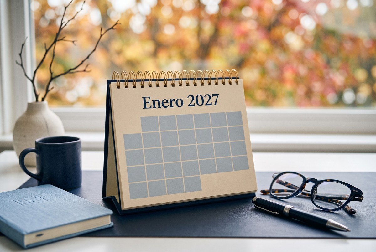 Desk calendar showing January 2027 on an office table, with glasses and a pen