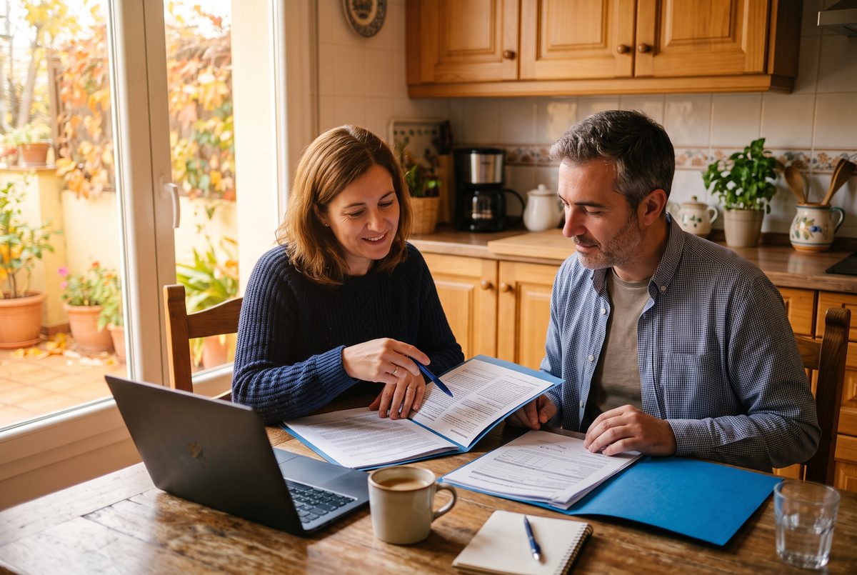 Couple à la table de la cuisine comparant les documents de deux assurances santé