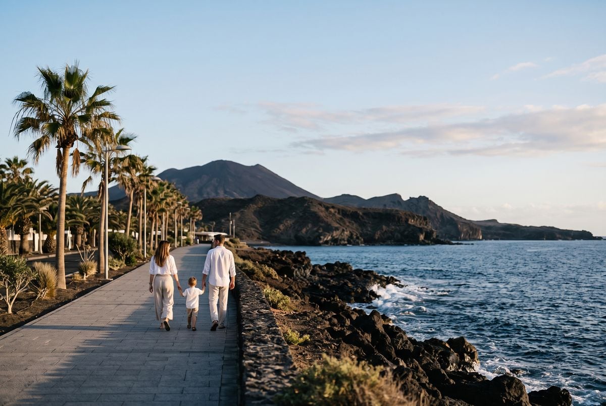 Paseo marítimo de Canarias a la hora dorada, con un paisaje volcánico al fondo y una familia caminando junto al mar