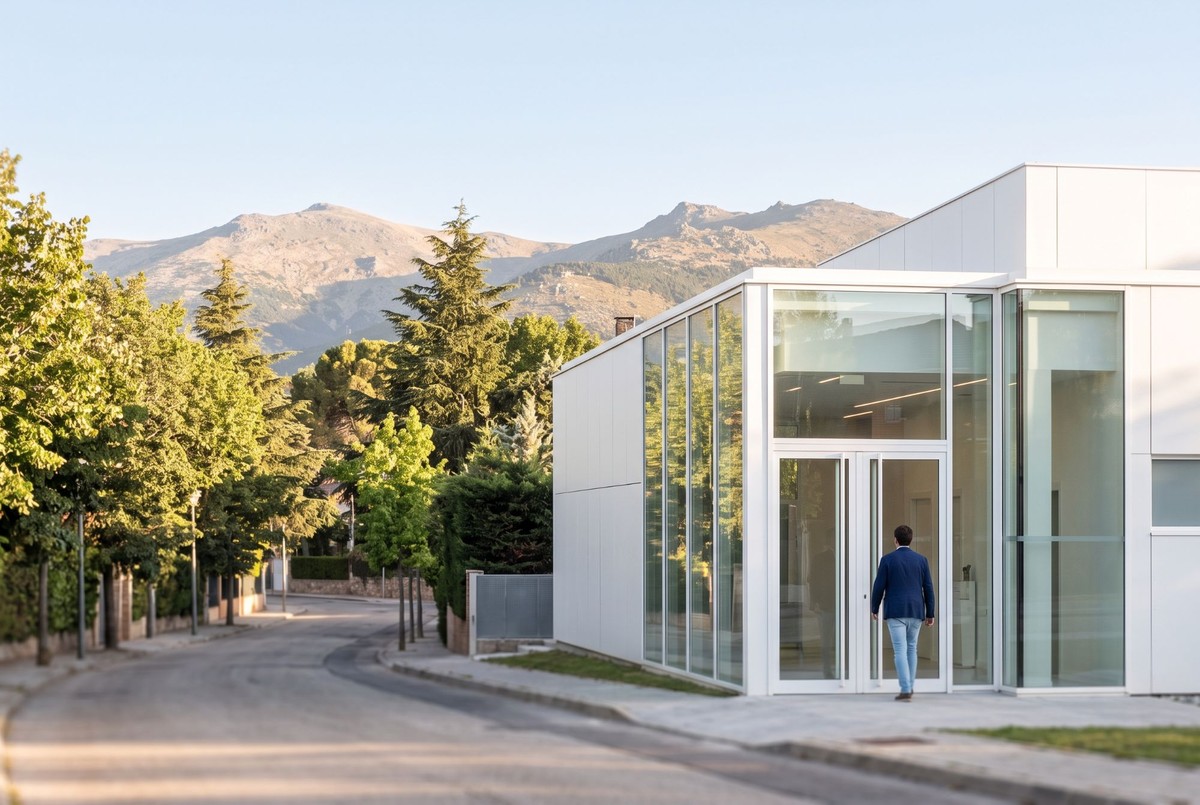 Glass facade of a modern medical center on a tree-lined street in northwest Madrid, with the mountains in the background
