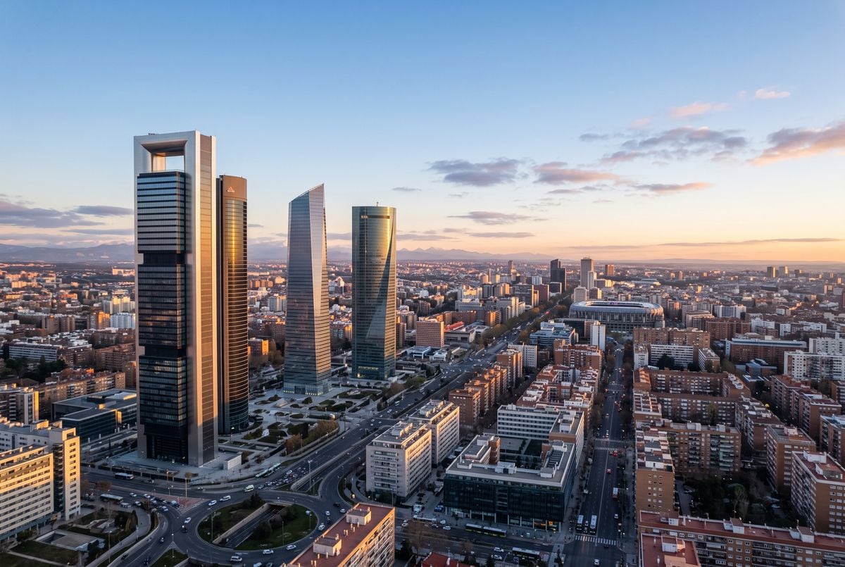 Vista aérea de Madrid al atardecer, con los rascacielos del norte de la Castellana en primer plano y la ciudad extendida hasta la sierra