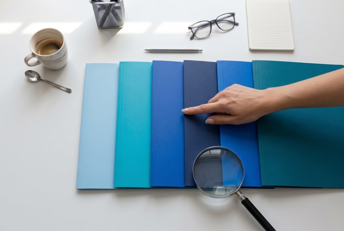 Six folders in different shades of blue on a white table and a hand pointing to one of them: comparing insurance calmly