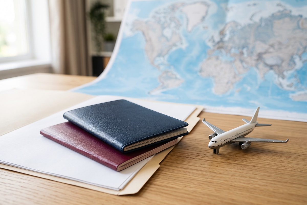 Pasaportes y un avión de juguete sobre un mapa del mundo