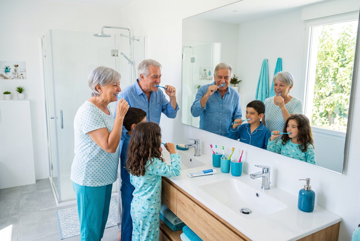 Tres generaciones de una familia cepillándose los dientes juntas frente al espejo
