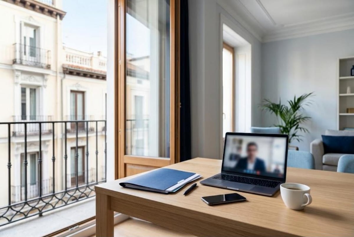 Tisch an einem schmiedeeisernen Balkon in einer Wohnung im Zentrum von Madrid, mit einem Laptop im Videoanruf, einer blauen Mappe, einem Handy und einem Kaffee