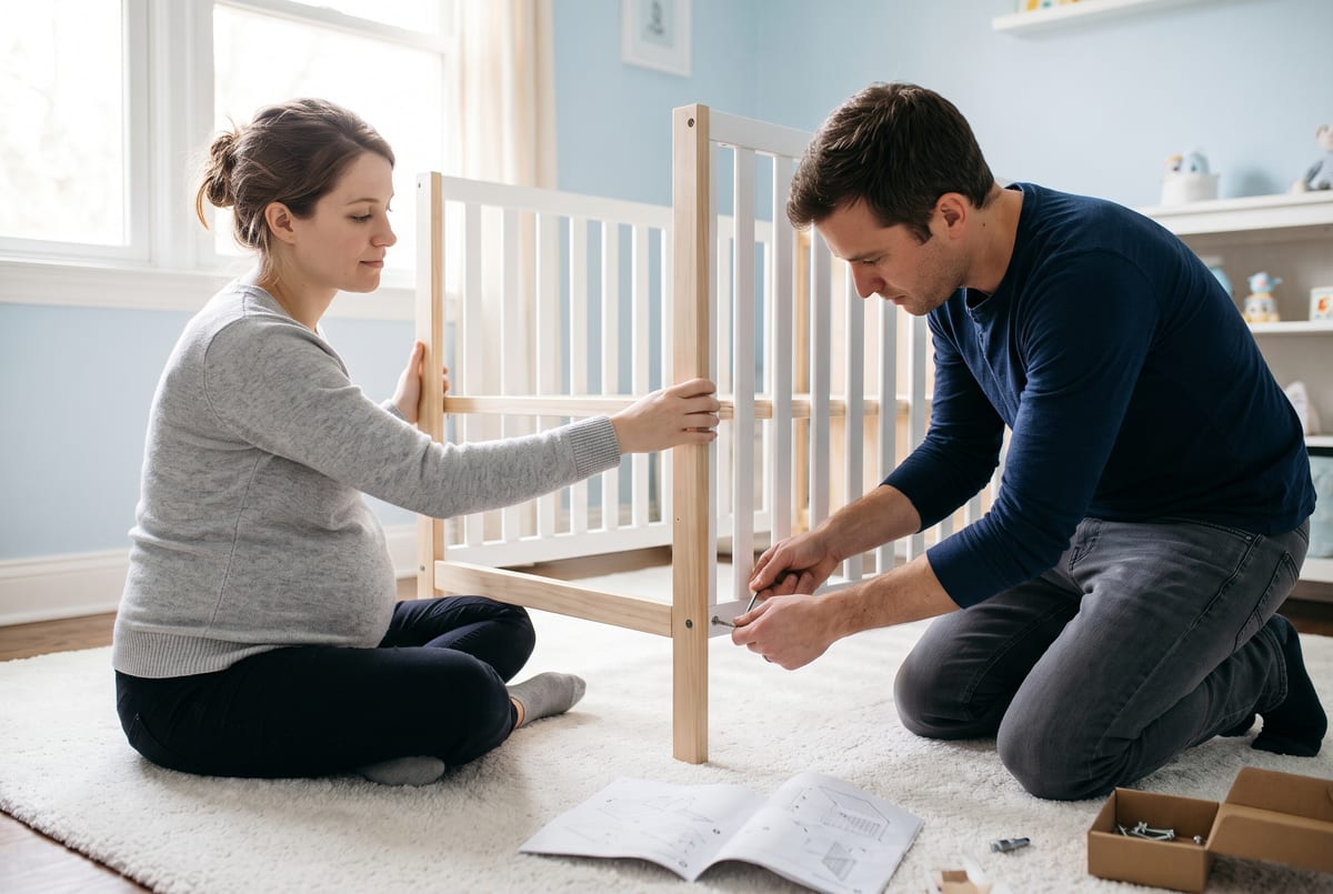 Pareja joven monta la cuna de su bebé en una habitación de paredes azul claro; ella está embarazada de unos siete meses
