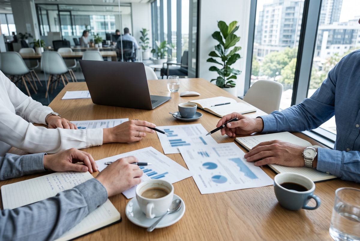 Equipo revisando gráficos y documentos en una mesa de reuniones