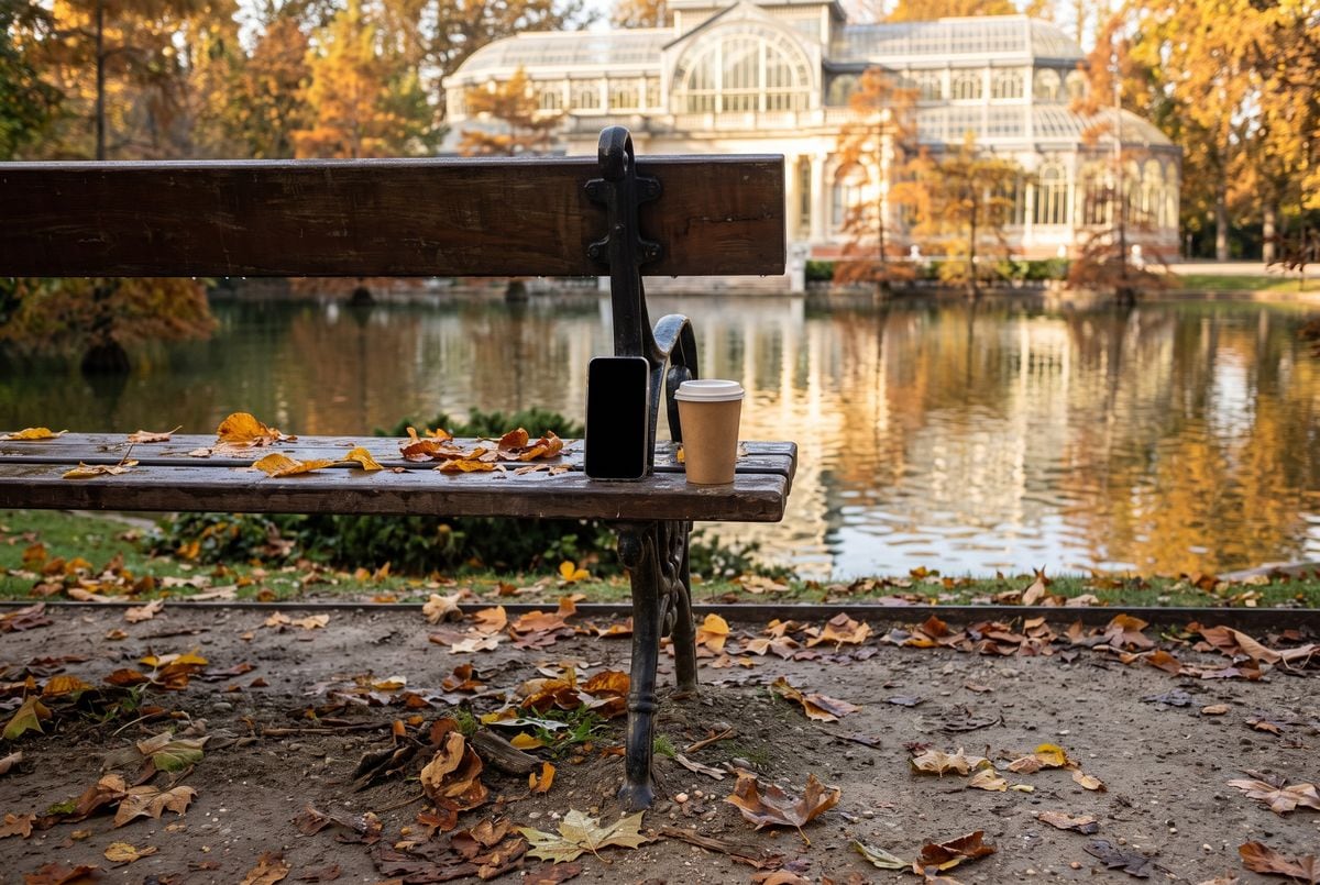 Wrought-iron bench beside the Crystal Palace in Retiro Park on an autumn morning, with a phone and a takeaway coffee on the bench and golden leaves on the ground