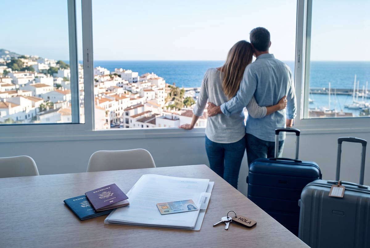 Expat couple looking out over a Spanish coastal town, with passports and residency documents on the table