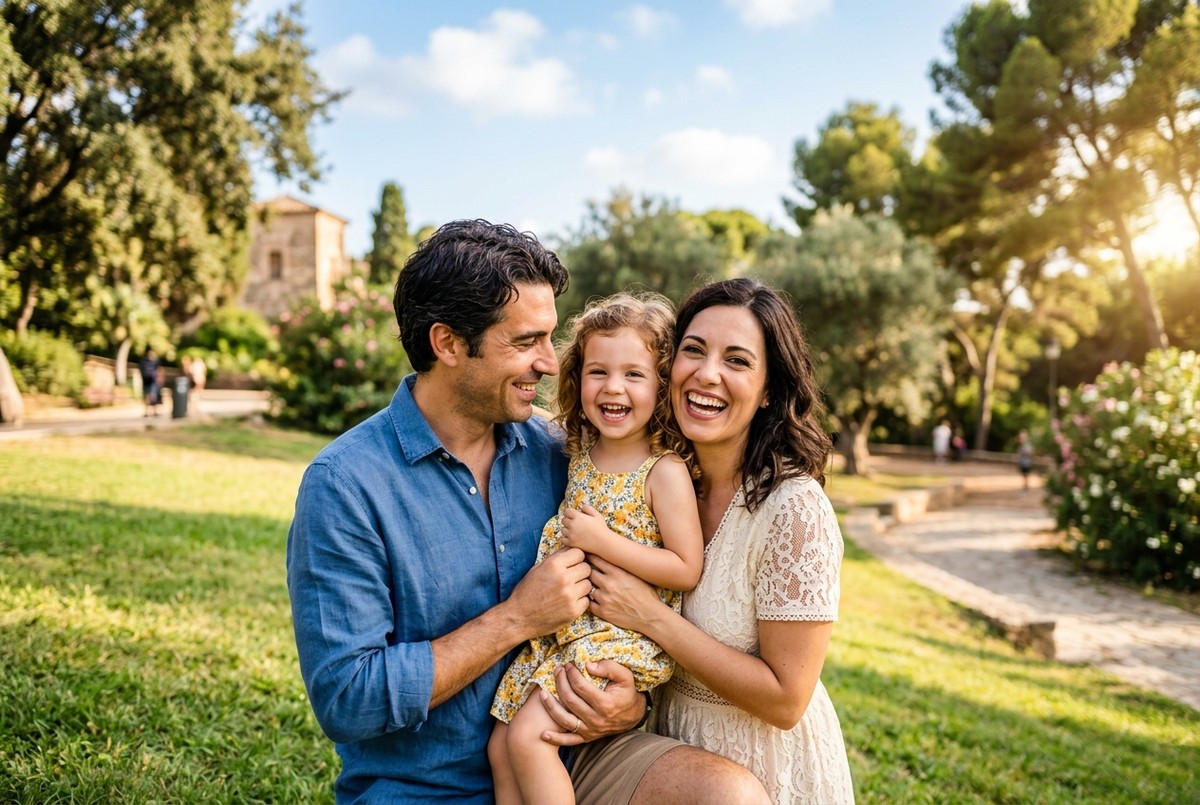 Familia unida y sonriente al aire libre en España