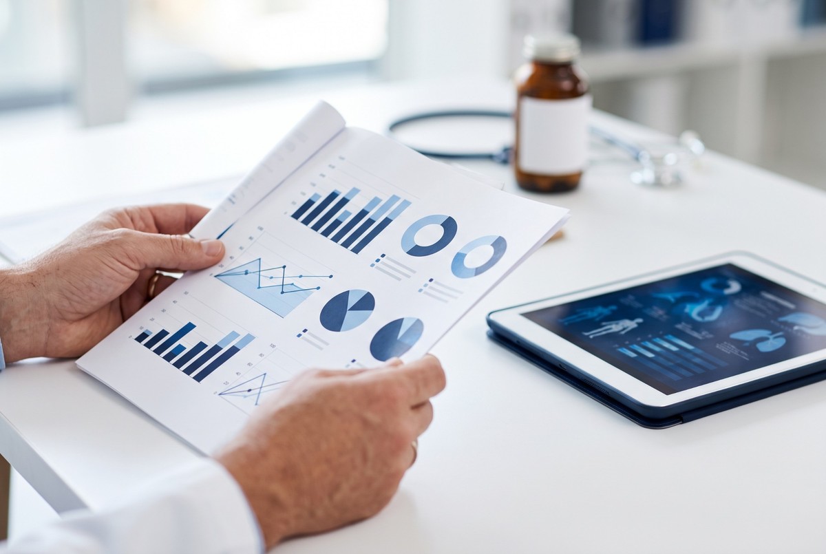 Hands holding a medical report with blue charts next to a tablet and a bottle of medicine