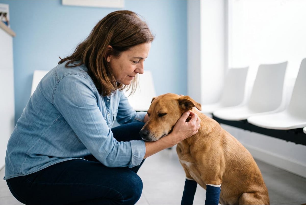 女士在兽医候诊室里抚摸腿上缠着绷带的爱犬