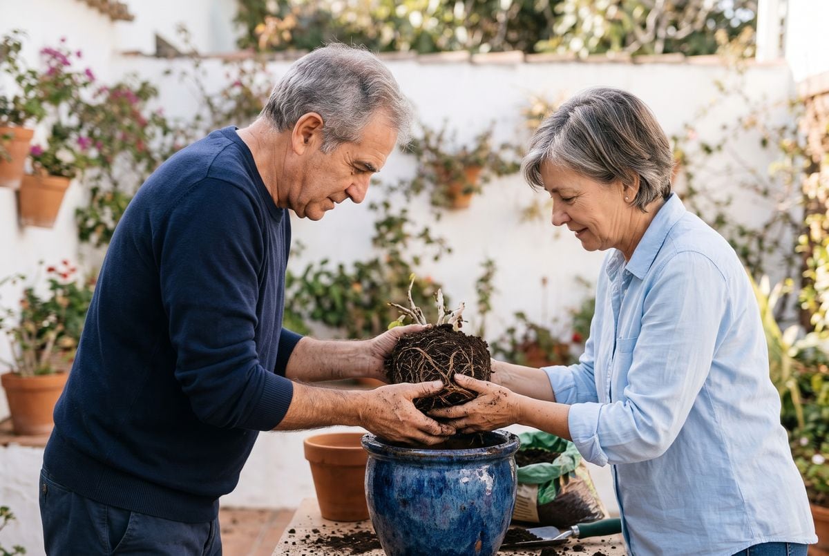 Pareja de unos 65 años trasplanta una planta con su raíz a una maceta azul más grande en la terraza de su casa