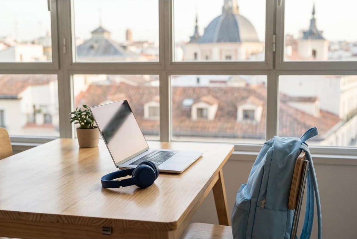 Mesa de madera con un portátil, unos auriculares y una mochila junto a un ventanal con vistas a los tejados y las cúpulas de una ciudad española