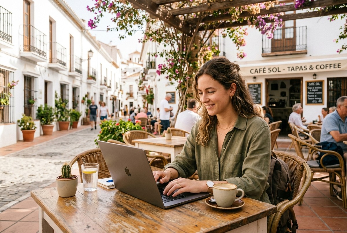 Nomade digitale che lavora al computer su una terrazza soleggiata in Spagna