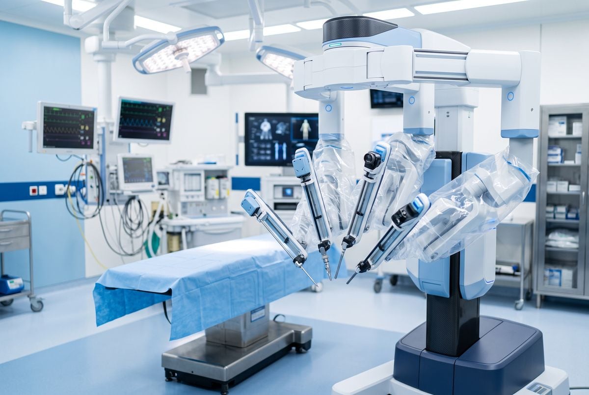 Robot de cirugía multiportal con cuatro brazos cubiertos de plástico estéril junto a la mesa de un quirófano, con monitores y lámparas quirúrgicas al fondo