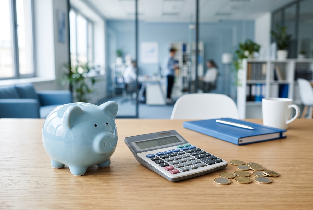 Hucha, calculadora y monedas sobre un escritorio de oficina