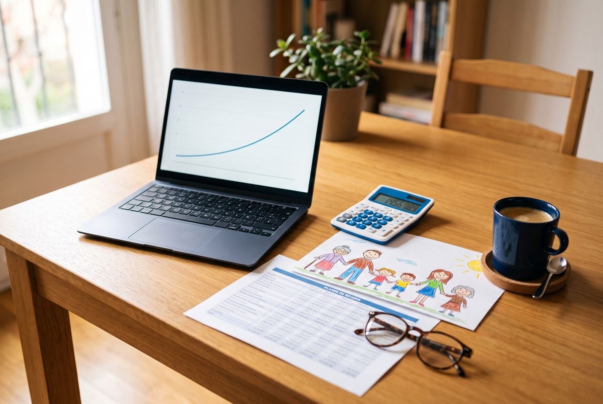 Esstisch mit einem Laptop, der eine steigende Preiskurve zeigt, einem Taschenrechner, einer Preistabelle und einer Kinderzeichnung einer Familie mit drei Generationen