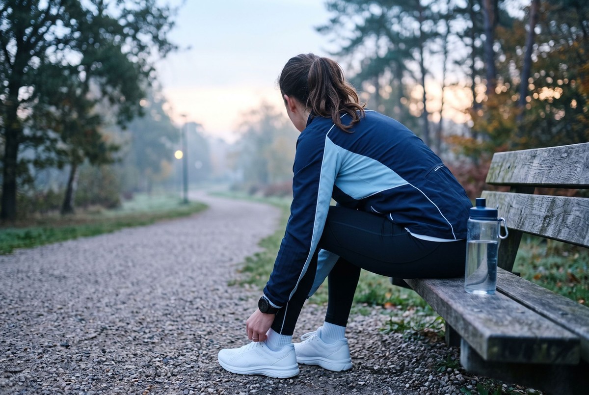 Mujer atándose las zapatillas en un banco de un parque al amanecer, con una botella de agua al lado