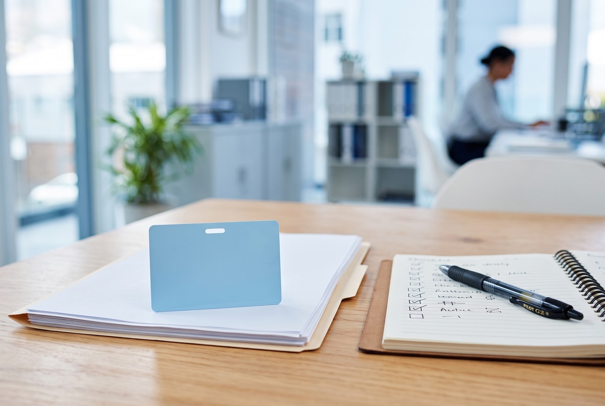 Tarjeta de identificación sobre documentos junto a un cuaderno con lista de verificación