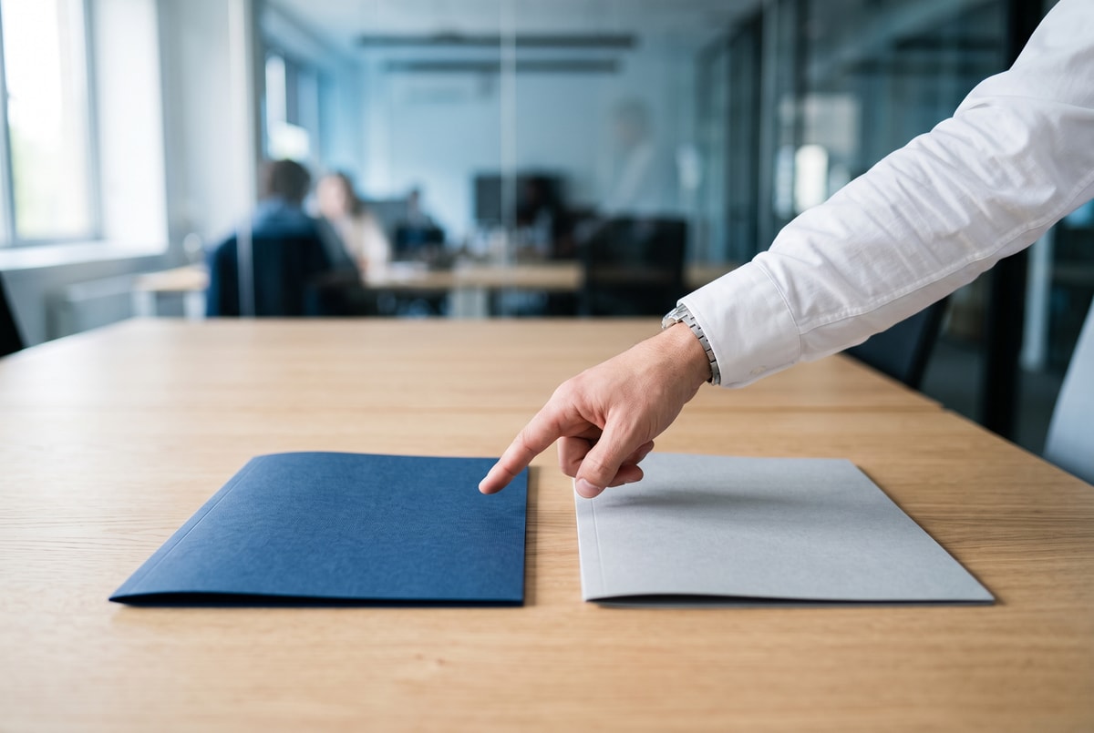 Mano eligiendo entre dos carpetas de seguros sobre un escritorio