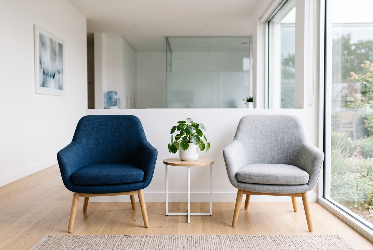 Dos butacas de sala de espera lado a lado, una azul y otra gris