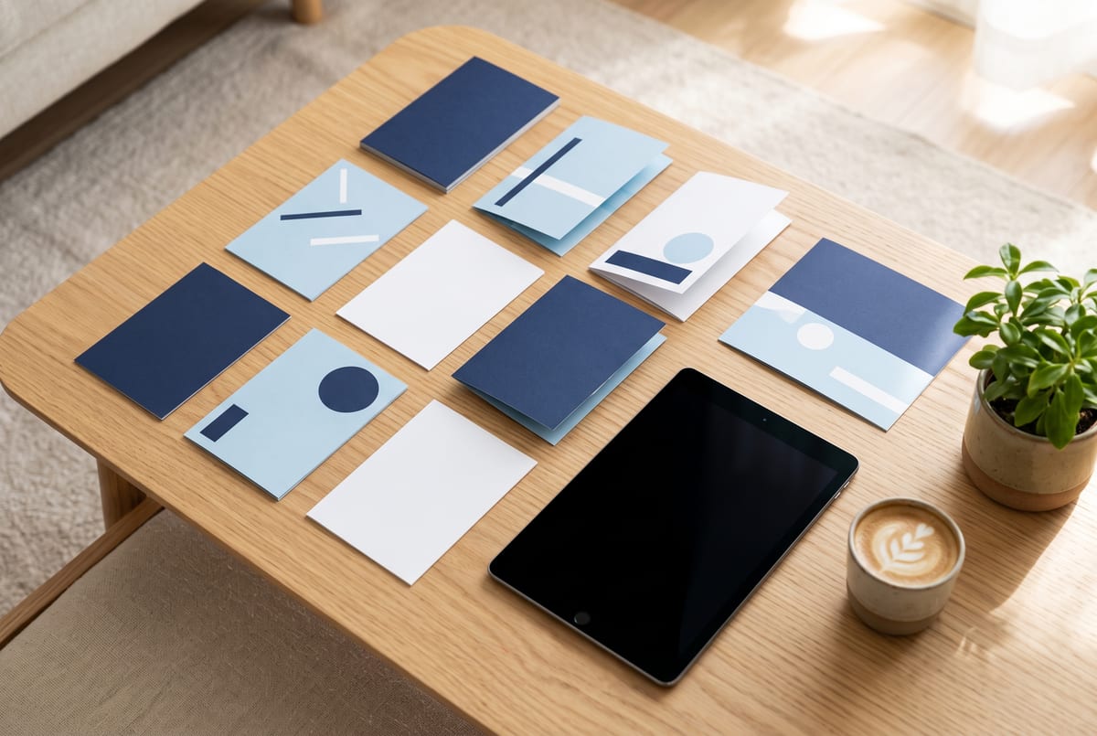 Blue cards and brochures laid out on a table as options to choose from, next to a tablet and a coffee